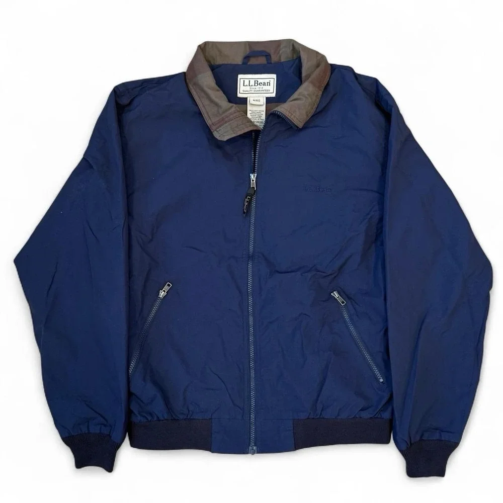 Vintage LL Bean Plaid Lined Navy Blue Bomber Jacket Men's Medium Outdoors 90s
